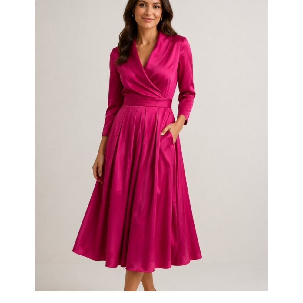 Mooyius Vintage Inspired Satin Midi Dress Draped Collar Fuschia Pink 2XL 18